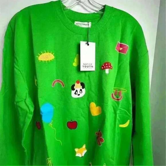 ASOS “Native Youth” Oversized Green Sweatshirt Fox Panda Embroidery Adult Small - Picture 3 of 15